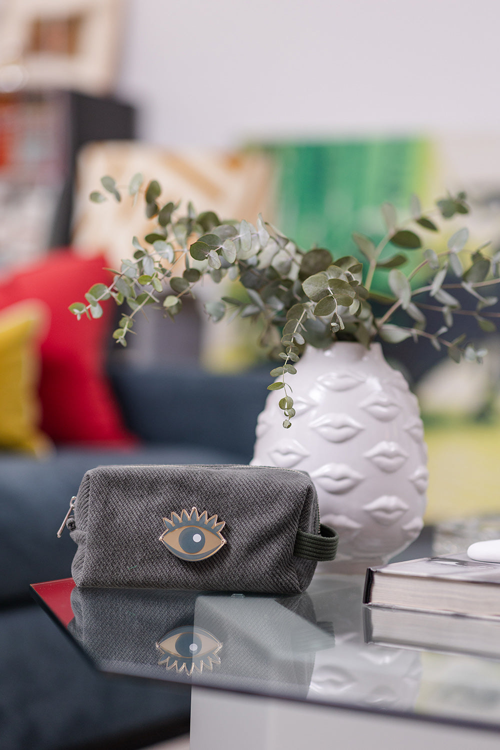 HAZEL Pouch | Khaki Denim Evil Eye