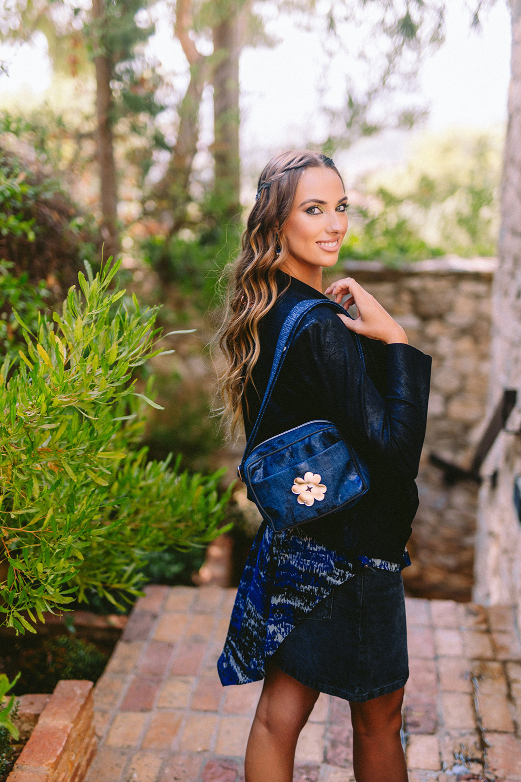 MIMI Shoulder Bag Small | Navy Shiny Canvas Flower