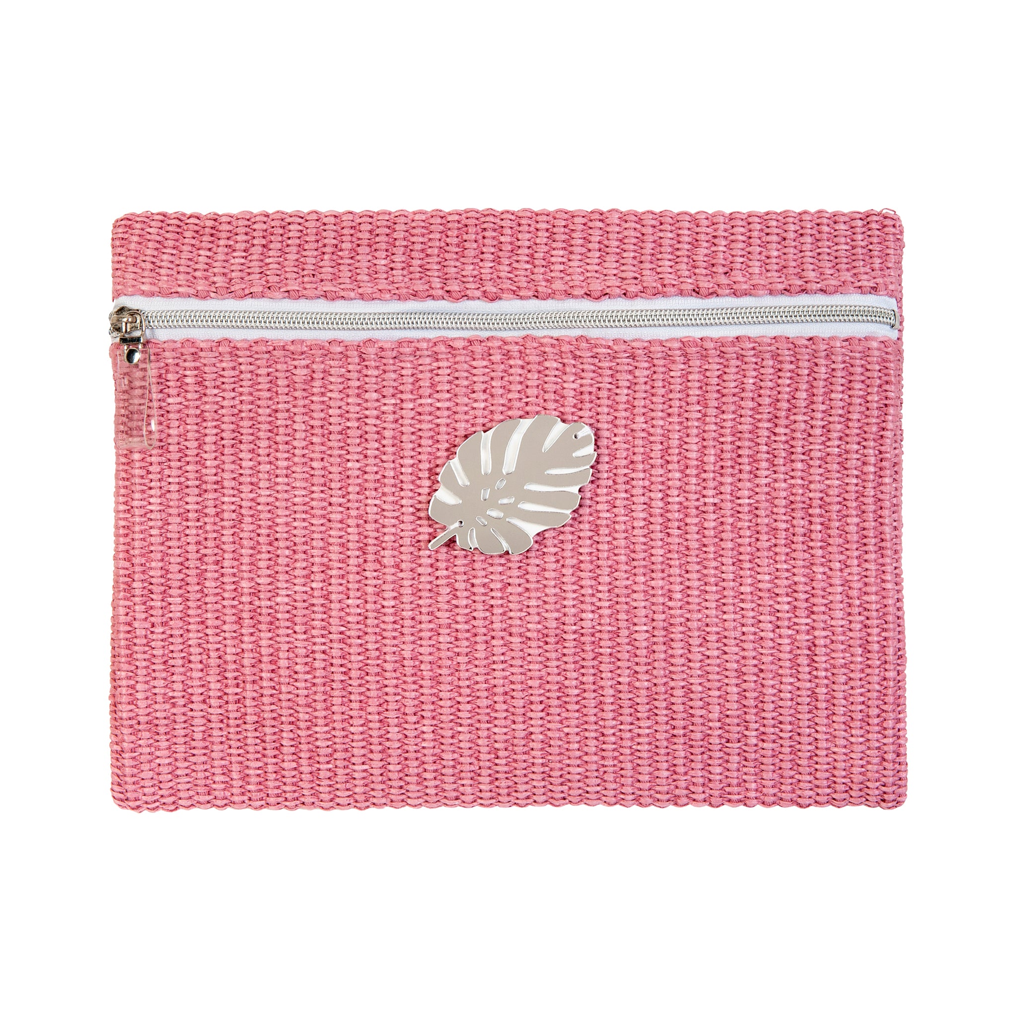 VIOLET Pouch | Bubblegum Raffia Tropical Leaf