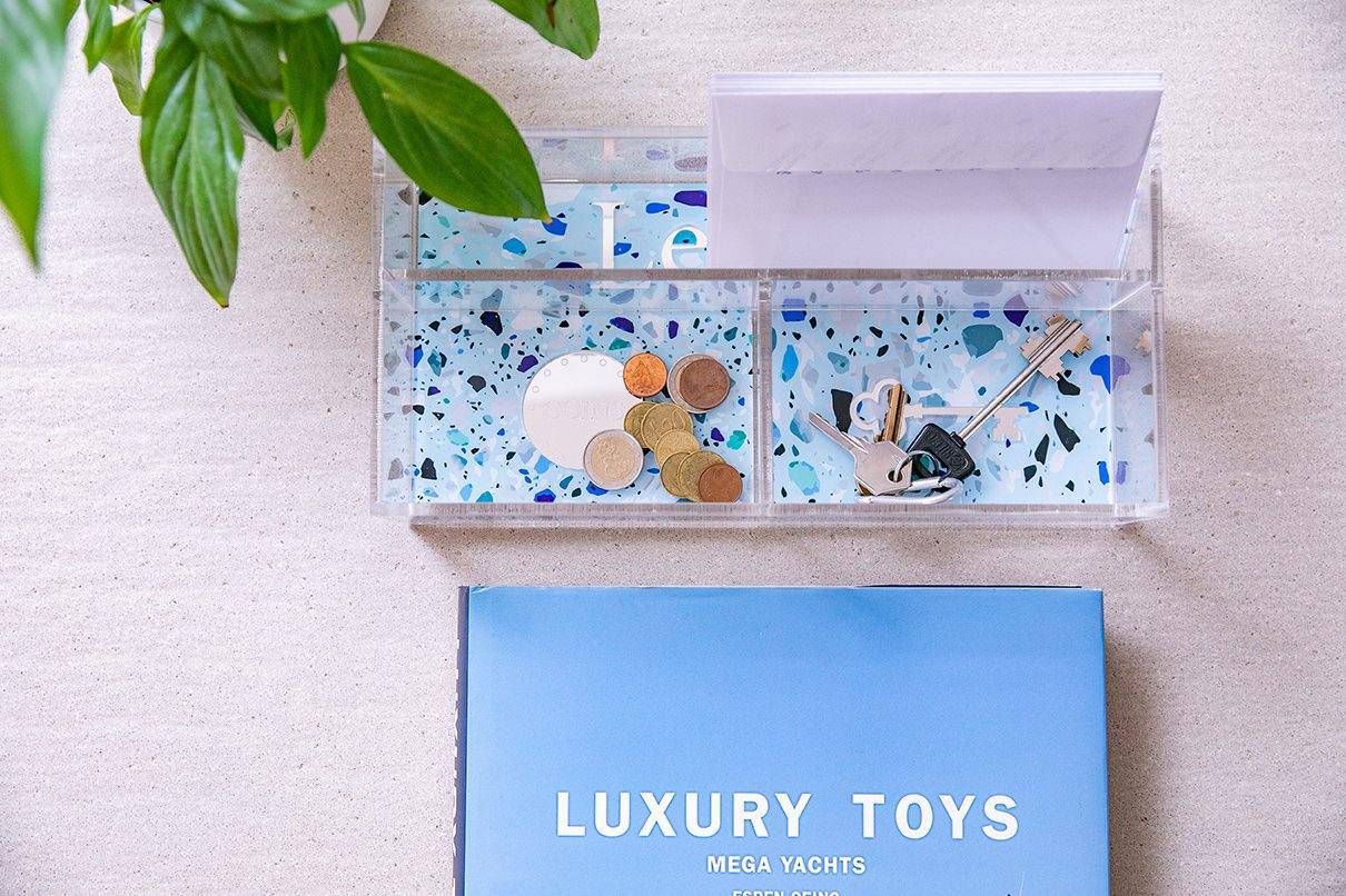 LIBI Tray | Light Blue Mosaic Silver Letters & Keys