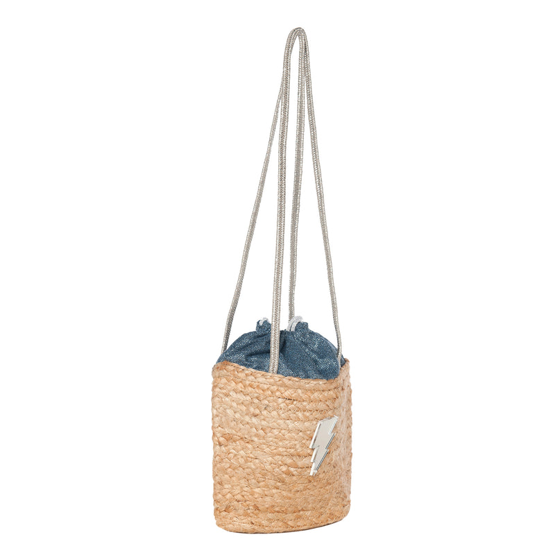 CARLA Mini Shoulder Straw Bag | Blue Glitter Lightning - KOKU Concept