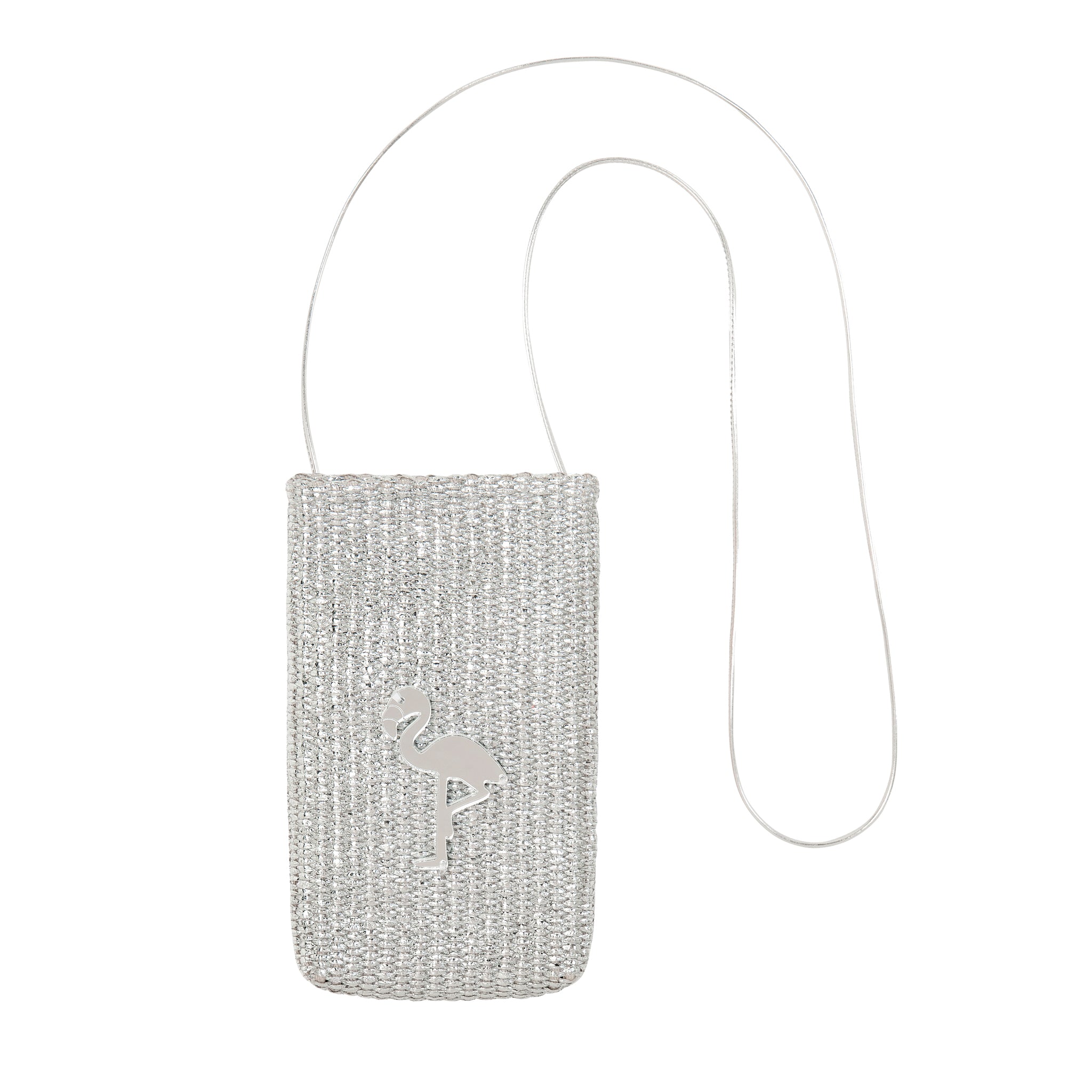 EV Phone Pouch | Silver Raffia Flamingo