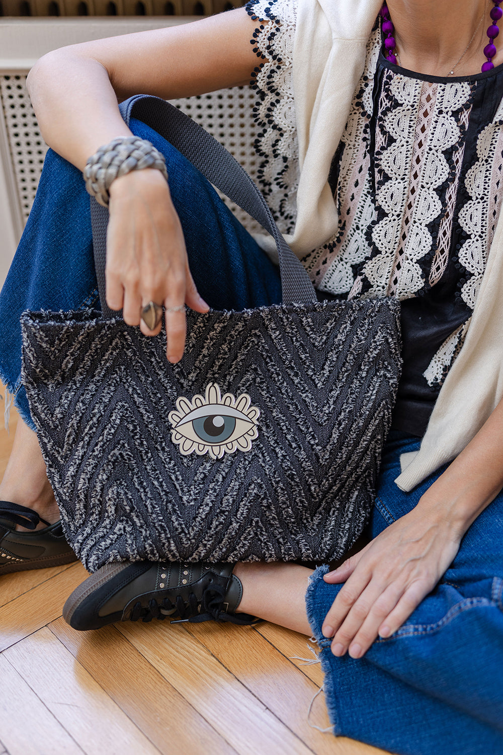 FIFI Small Tote bag | Black Fringe Evil Eye